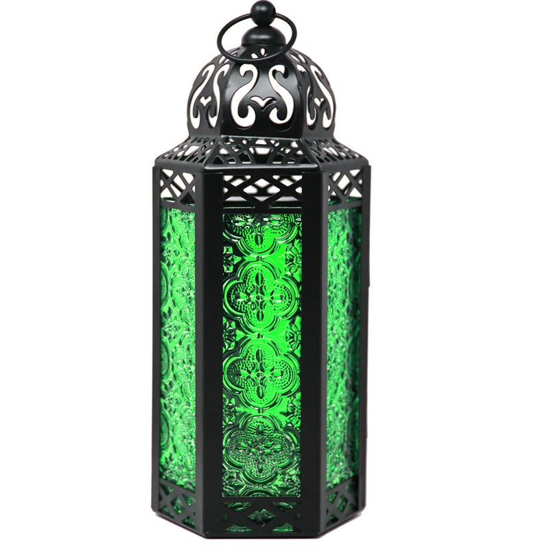 VELA LANTERNS 10.5" Moroccan Candle Lantern Decorative Candle Holder Lamp for Table or Hanging, Ramadan Decorations, Indoor Home Decor, Outdoor Patio or Porch, Black Metal, Green Glass, Medium - Image 1